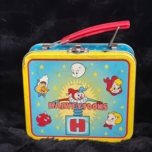VINTAGE 1999 Harveytoons Metal Lunchbox with Red Handle. Filled with Dominoes